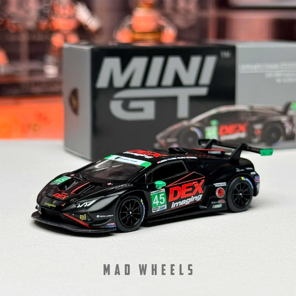 mini-gt-1129-lamborghini-huracan-gt3-evo2-45-dex-imaging-lhd-prototype-1 ماکت ماشین فلزی لامبورگینی هوراکان GT3 EVO2 | MINI GT 1129 Lamborghini Huracan GT3 EVO2 | 2024 IMSA Daytona 24 Hrs | مقیاس 1:64 - تصویر 1